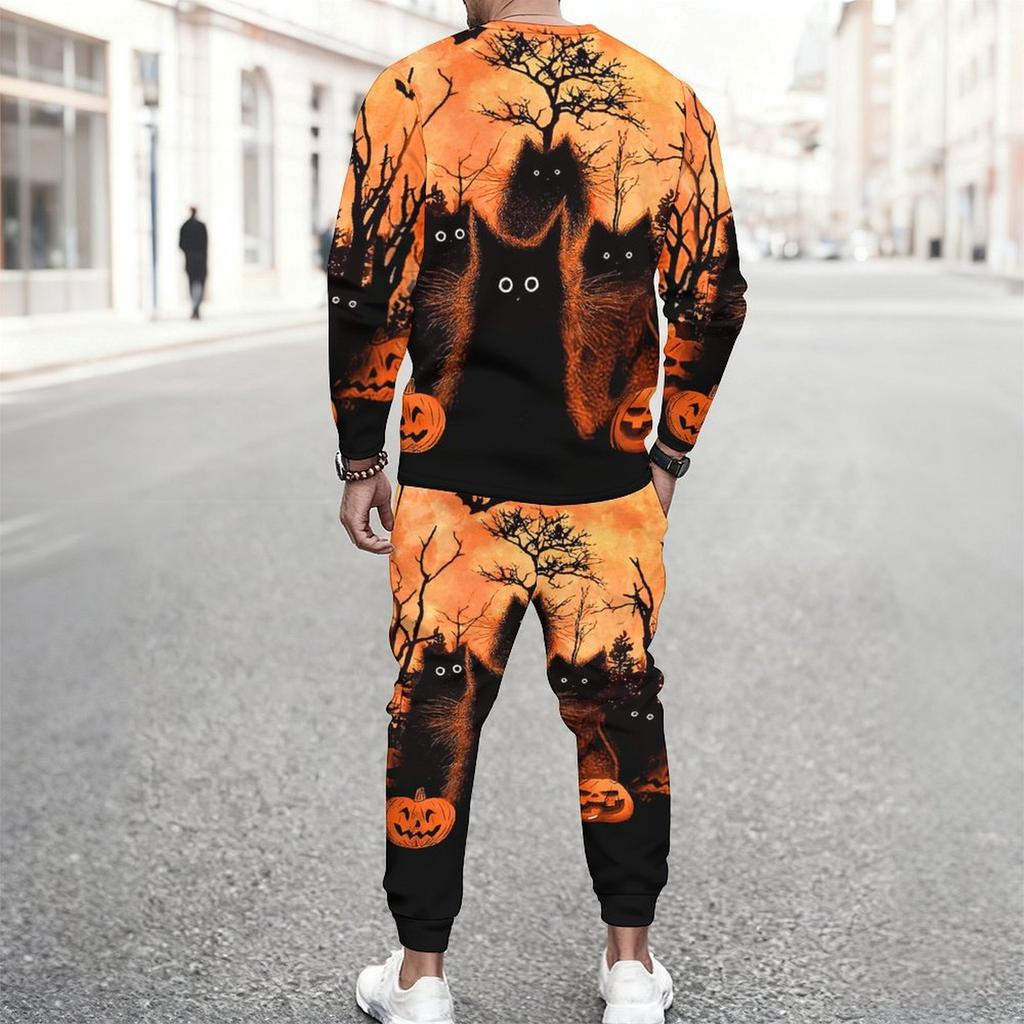 Men Bright Purple Color Block Haunted Castle Bat Print Long Sleeve Sweatshirt Jogger Pants Two Piece Suit