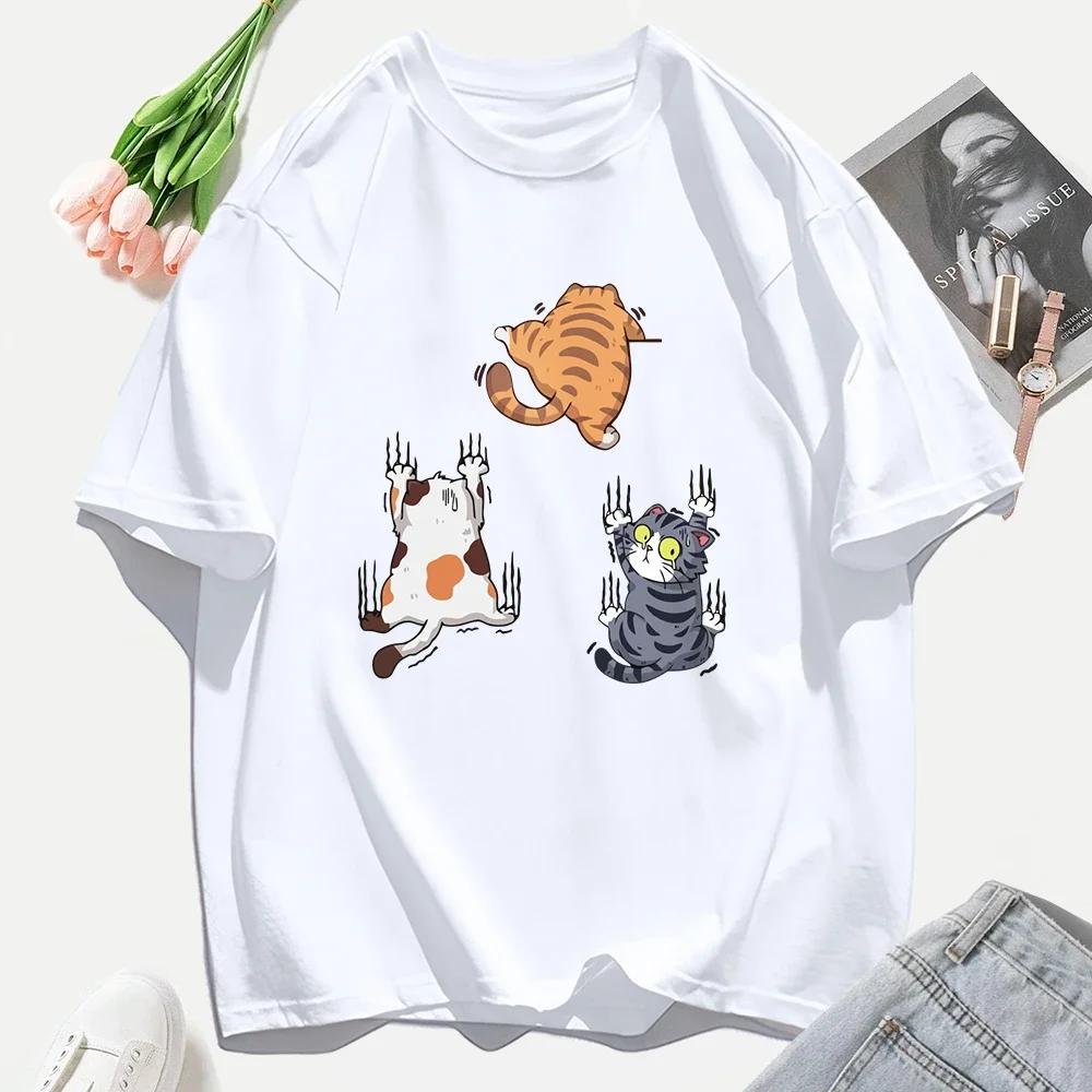 Women T Shirts Casual Women Clothes Crewneck Tee Tops Three Cats Climbing Upwards and Escaping Print TShirt