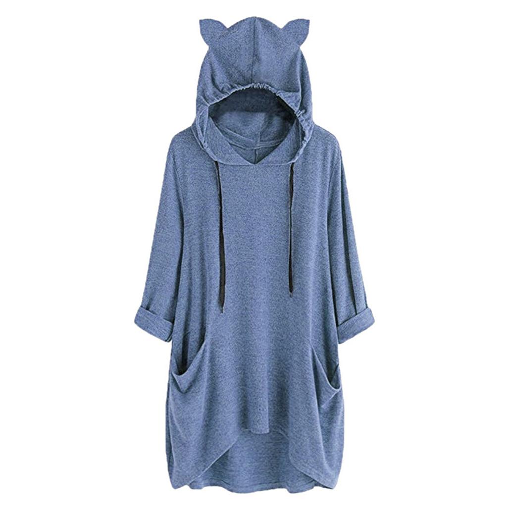 Women's Fashionable Solid Color Long Sleeved Pocket Long Loose Pullover Top