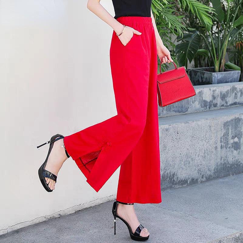 Korean Fashion Women Cotton Hemp Oversized Pants Spring Summer High Waist Solid Wide Leg Split Loose Straight Casual Trousers
