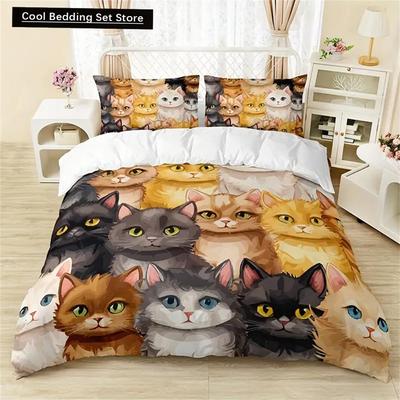 Juego de cama de gatito de dibujos animados lindo para todas las estaciones, funda de edredón suave, cómoda y transpirable 1*Funda de edredón + 2*Funda de almohada