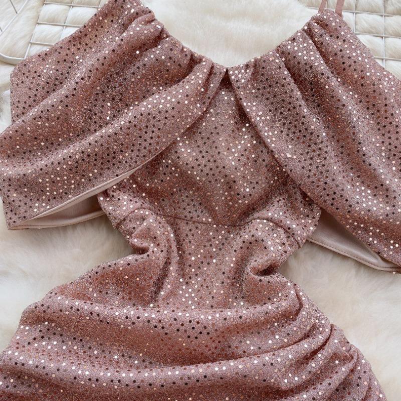 Women's Sequins Hip Pleated Slim Hollow Strapless Halter Short Dresses