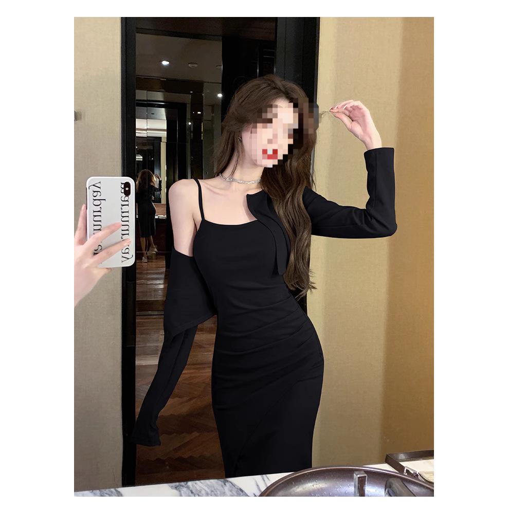 Women's Spring Fashion Set: Long Sleeve Cardigan, Sling Dress, and Slimming Waist Pleated Bodycon Skirt.