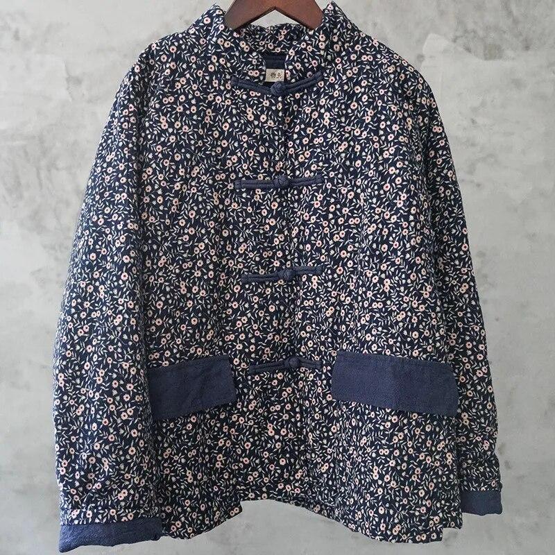 

Johnature женские парки на пуговицах в китайском стиле, зимние синие пальто с длинными рукавами и цветочным принтом, плюс хлопковая одежда, парки One Size синий/цветочный