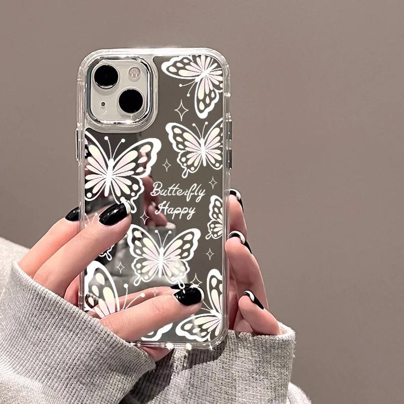 For iPhone 16 Pro 13 Case Luxury Mirror Silver Butterfly Phone Case iPhone 15 14 11 12 Pro Max 16 Plus XR X XS Shockproof Cover