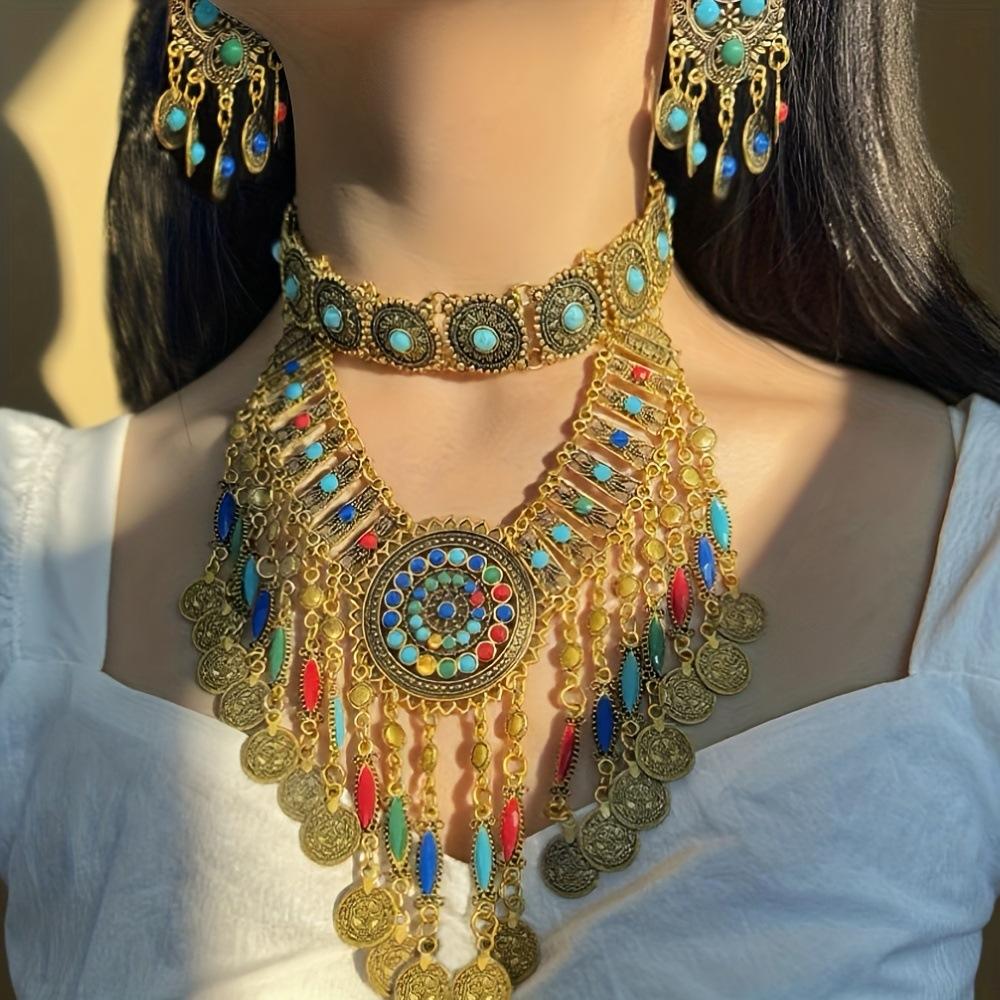 Popular Bohemian Ethnic Style Exaggerated Jewelry Set Women's Necklace Earrings Diamond Jewelry