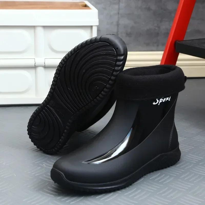 2024 Rain Boots Men's Waterproof Drawstring Rain Shoes Velvet Padded Suit Warm Non-Slip Flat Fashion Take-out Rider Rain Boots