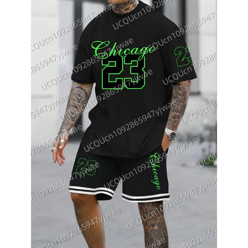 Summer Men's Chicago 23 Print Short Sleeve T-Shirt & Shorts Set Round Neck Gradient Short Sleeved Women's T-shirt Shorts Set