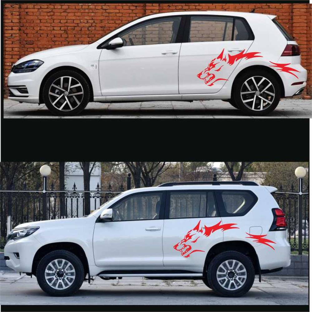 2Pcs Red Car Body Door Side Vinyl Stickers Running Wolf Fashion Graphics Decals