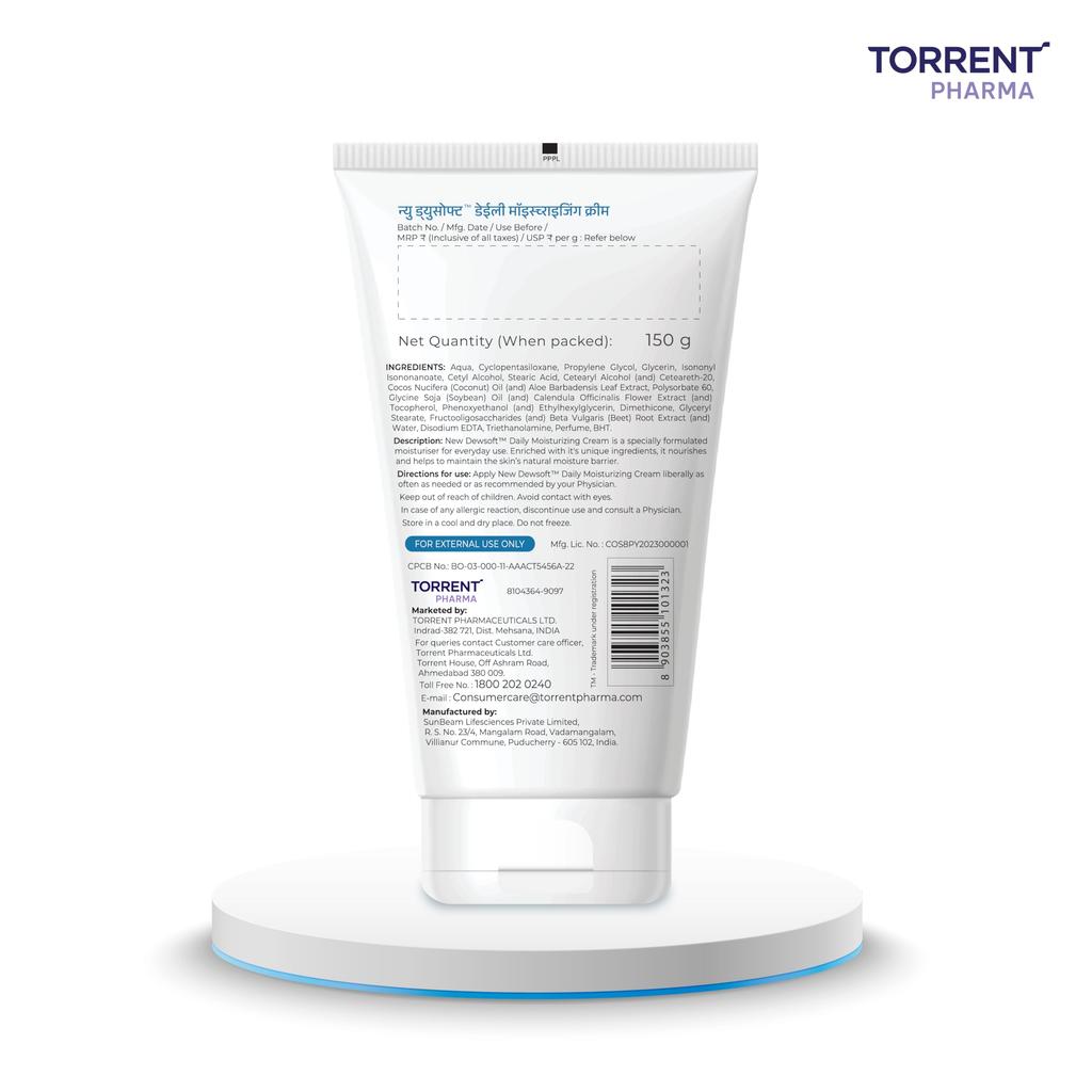 Dewsoft Moisturising Cream 150g with Coconut & Aloe for Daily Hydration - By Torrent Pharma