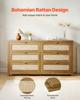 6 Drawer Rattan Dresser, Double Dresser for Bedroom, Natural Rattan Chest of Drawer with Metal Handle, Modern Wood Chest Clothing Organizer & Storage