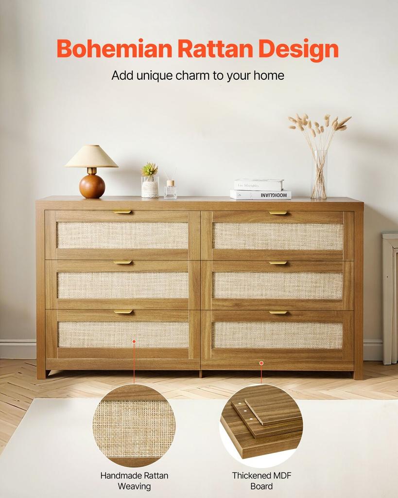 6 Drawer Rattan Dresser, Double Dresser for Bedroom, Natural Rattan Chest of Drawer with Metal Handle, Modern Wood Chest Clothing Organizer & Storage