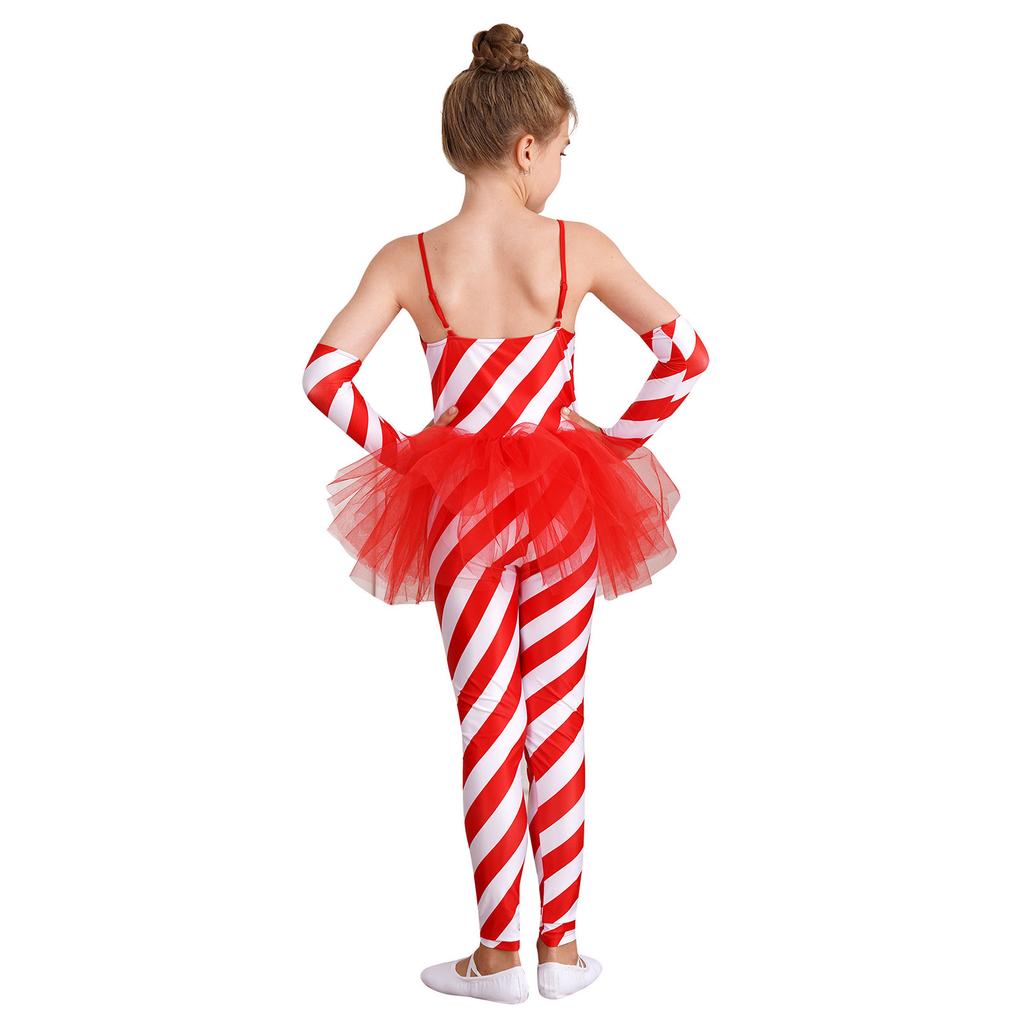 Girls Christmas Candy Cane Costume Sleeveless Striped Tulle Peplum Jumpsuit Santa Claus Dancewear Arm Sleeves
