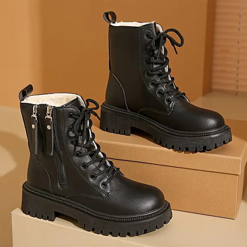 Cizme de iarnă calde scurte de pluș, la modă pentru femei, cu platformă cu fermoar dublu, cizme de luptă pentru femei, confortabile, cu șireturi, din piele PU
