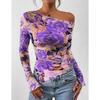 Autumn Women Off Shoulder Tie Dye Mesh Long Sleeve Asymmetric Ruched Flower Pattern Female Tops