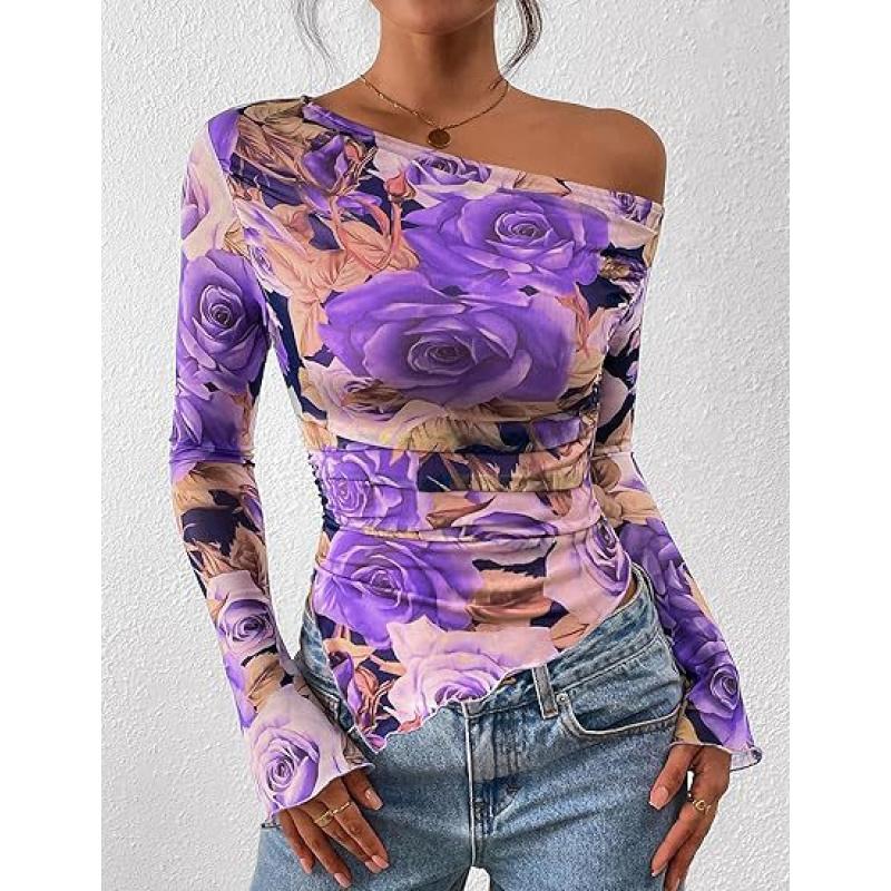 Autumn Women Off Shoulder Tie Dye Mesh Long Sleeve Asymmetric Ruched Flower Pattern Female Tops