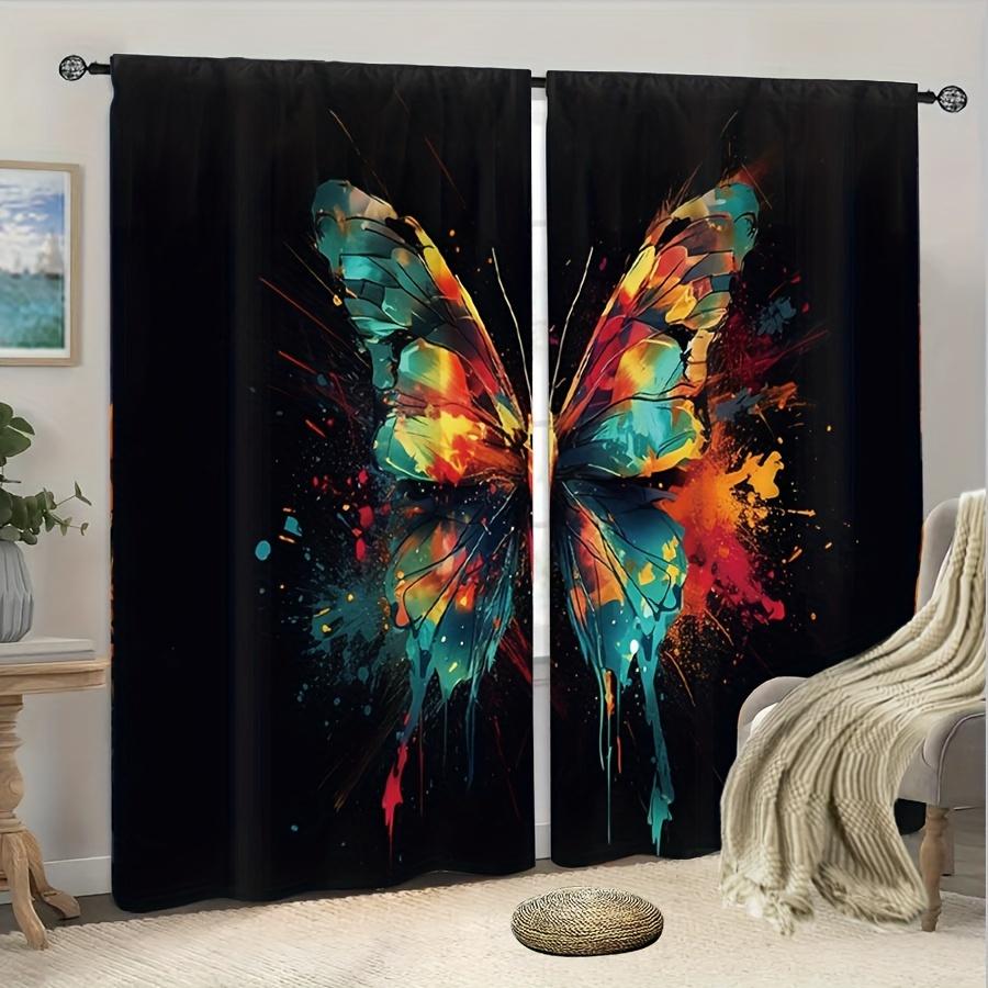 2pcs Black Golden Butterfly Printed Curtains, Modern Art Vintage Fluttering Butterflies Shading Curtains For Bedroom Living Room