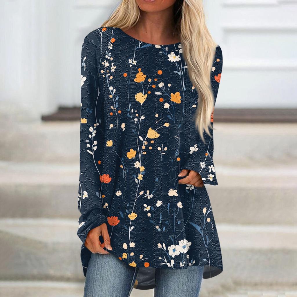 Damen Oberteile Rundhals Langarm Blusen Lässige Mittellange Hemden Mode Druck Tunika-Tops