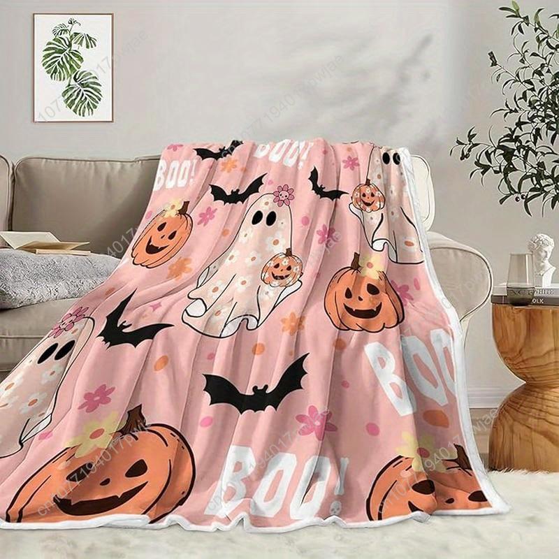 Pink Halloween Throw Blanket, Cute Spooky Ghost Pumpkin Bat Cozy Soft Blanket, Funny Pink Halloween Boo Flannel Baby Throw and B