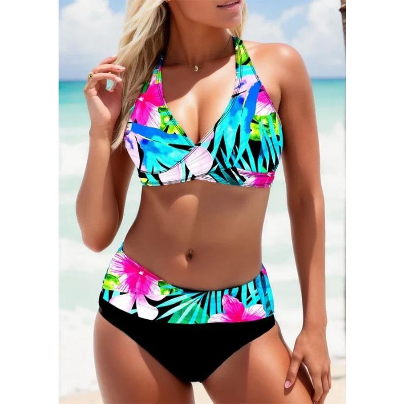 

Модные красочные полосатые принтованные пляжные летние женские купальники с высокой талией сексуальные купальники женские двухсекционные купальники S-5XL S