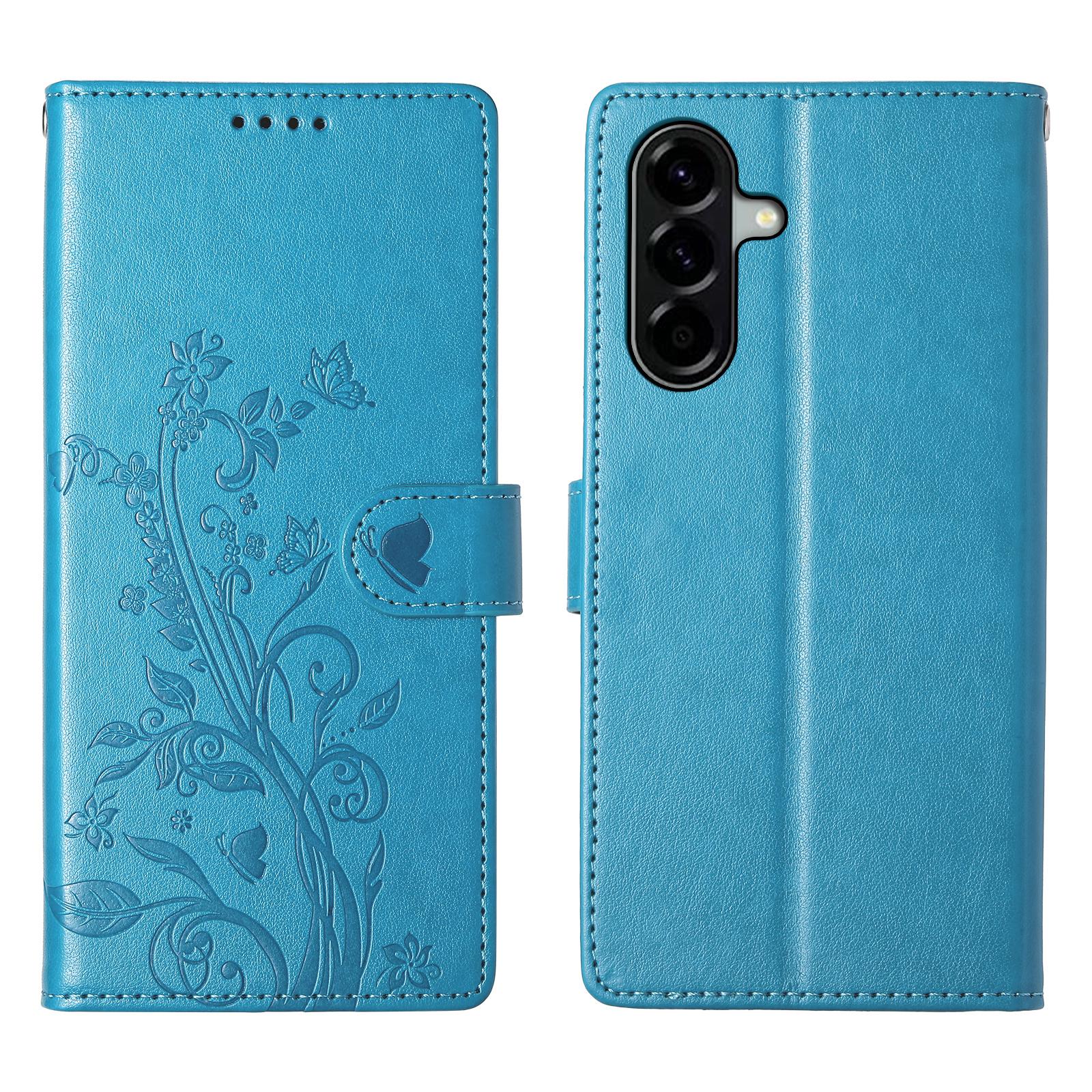 

For Samsung Galaxy A37 5G Wallet Case Butterfly Floral Imprint PU Leather Phone Cover with Wrist Strap