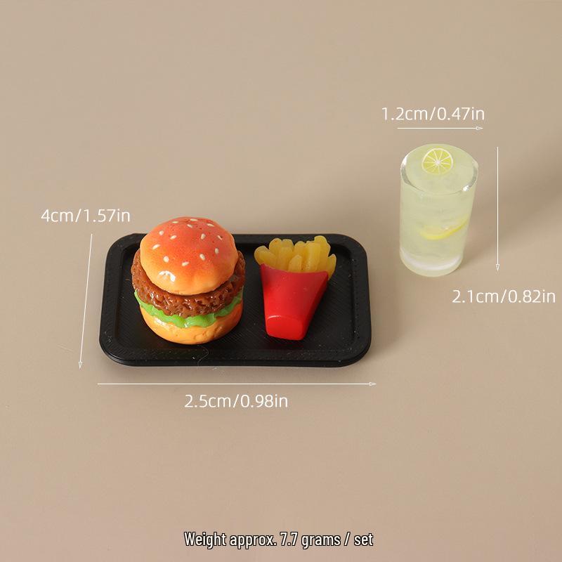 Dollhouse Mini Food Accessories: Simulation Hamburger, Fries, Miniature Drinks, Juice, Meal Tray.