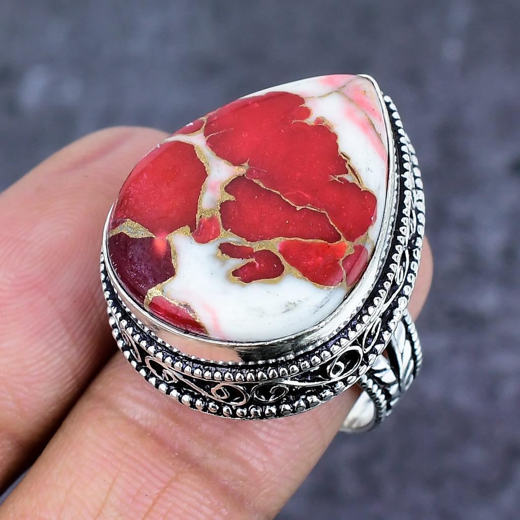 Natuurlijke Rode Dahlia Turkoois 925 Sterling Zilveren Sieraden Ringmaat 8 ET-4802