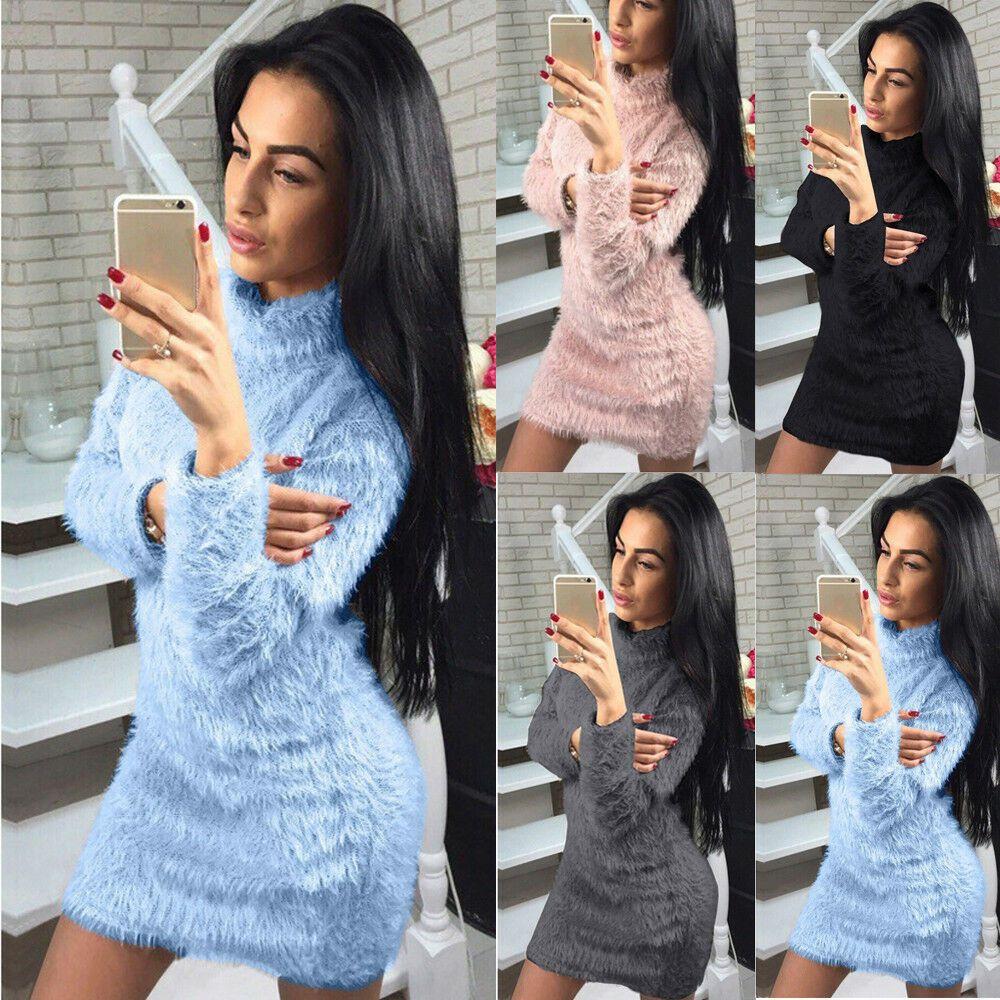 Women Winter Long Sleeve Fluffy Sweater Tops Ladies Party Bodycon Jumper Dress