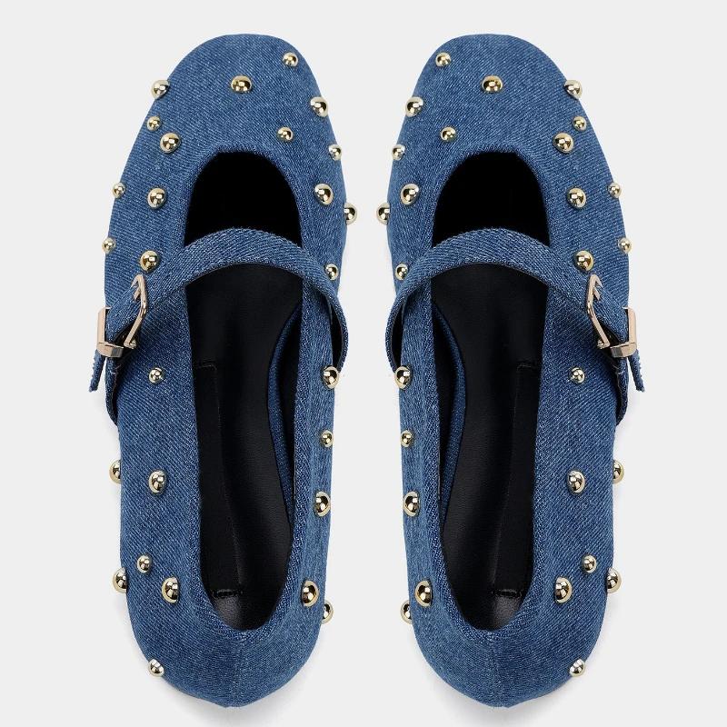 Blue Denim Ballet Flats Women Fashion Round Toe Metal Rivets Decoration Designer Shoes Comfortable Shallow Buckle Mary Jane Shoe