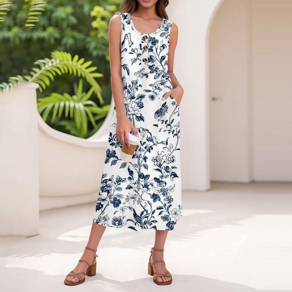 Women's Summer Casual Fashion Floral Print Sleeveless Button Casual Long Dress