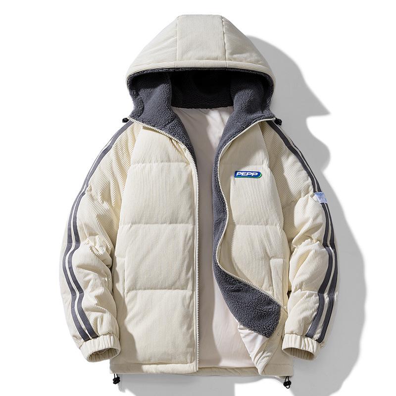 Winter Herren Koreanischer Stil Verdickt Warm Mit Kapuze Lammfell Samt Locker Auto Logo Baumwollmantel Trendig Paar Corduroy Baumwollmantel