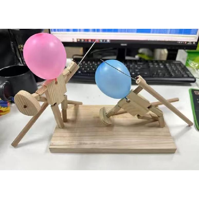 Balloon Bamboo Man Battle Handmade Wooden Fencing Puppets Wooden Bots Battle Game Two-Player Fast-Paced Balloon Battle Game 5