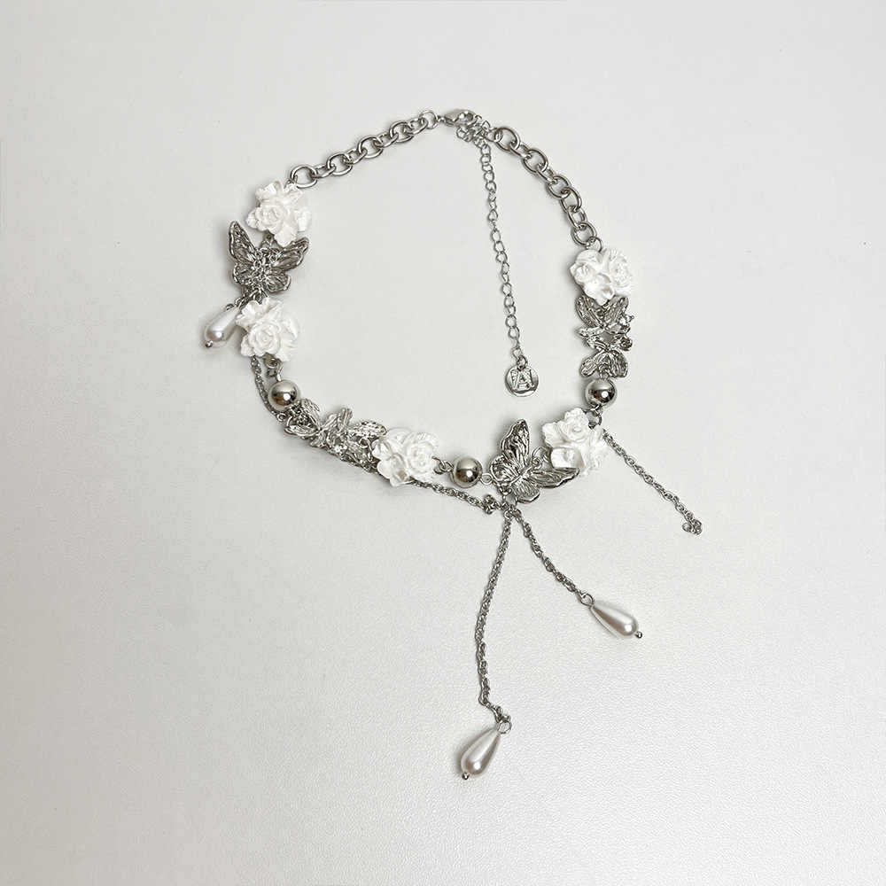 White Flower Butterfly Pearl Tassel Choker for Women Light Luxury Niche Necklace
