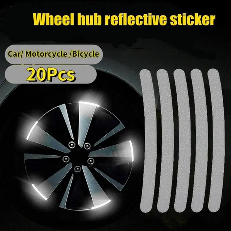 20Pcs Wheel Hub Reflective Stickers Anti Scratch Auto Body Decorative Rim Tape Strips Warning Passing For Car/ Motorcycle /Bike
