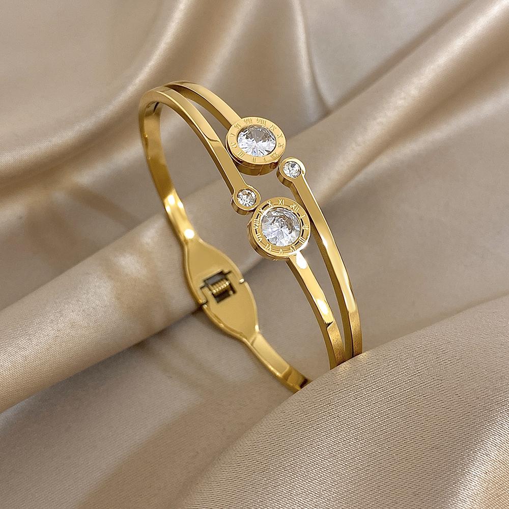 New Stainless Steel Waterproof Cuff Bracelet Bangle for Women Exquisite Shiny Inlaid Zircon Geometric Stacked Jewelry Gifts