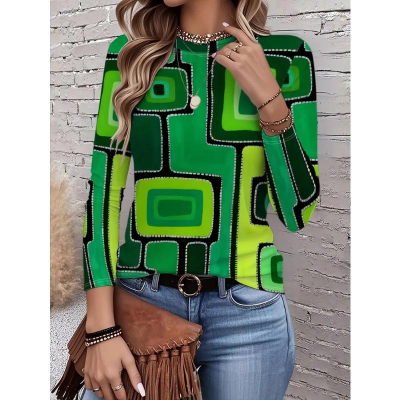 Crew Neck T-ShirtFashion Women's Crew Neck Long Sleeve 3D Casual Color Printing Casual Long Sleeve