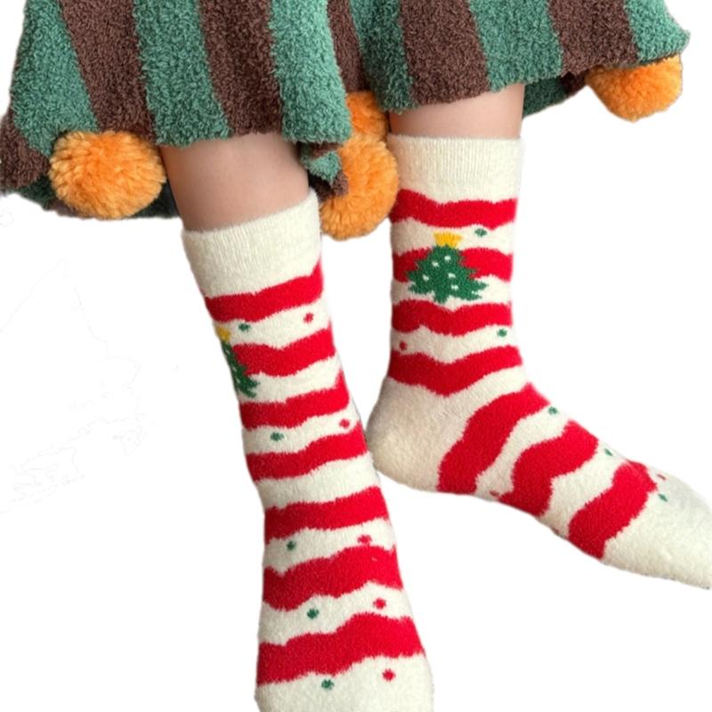 Coral Fleece Floor Crew Socks Christmas Pattern Winter Thermal Warm Fuzzy for Women Men Winter Indoor Slipper Hosiery