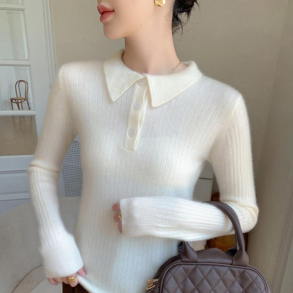 Women's Elegant Cashmere Polo Neck Sweater - Warm, Wide Ribbed Knit Base Layer for Autumn/Winter