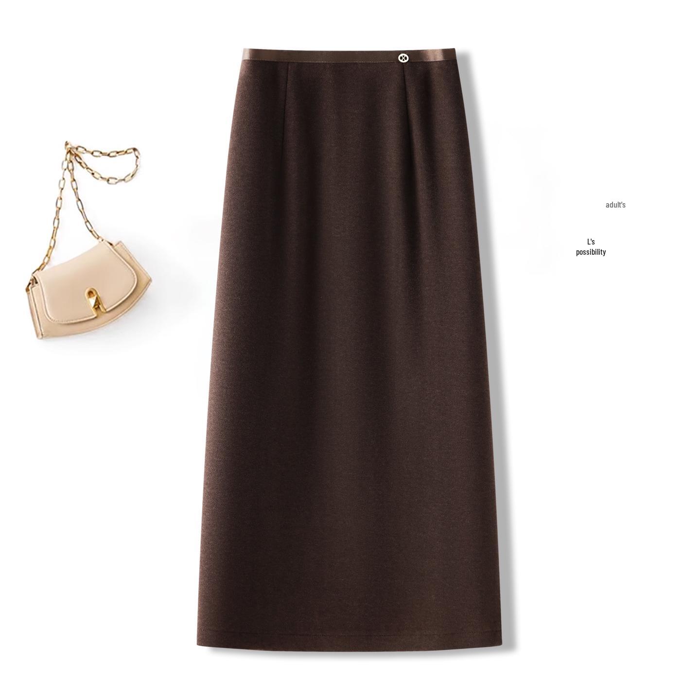 Women s Coffee Cashmere Midi Skirt: Warm Wool-Blend, Fleece-Lined, Thickened, A-Line, Hip-Hugging for Autumn/Winter. 26/S