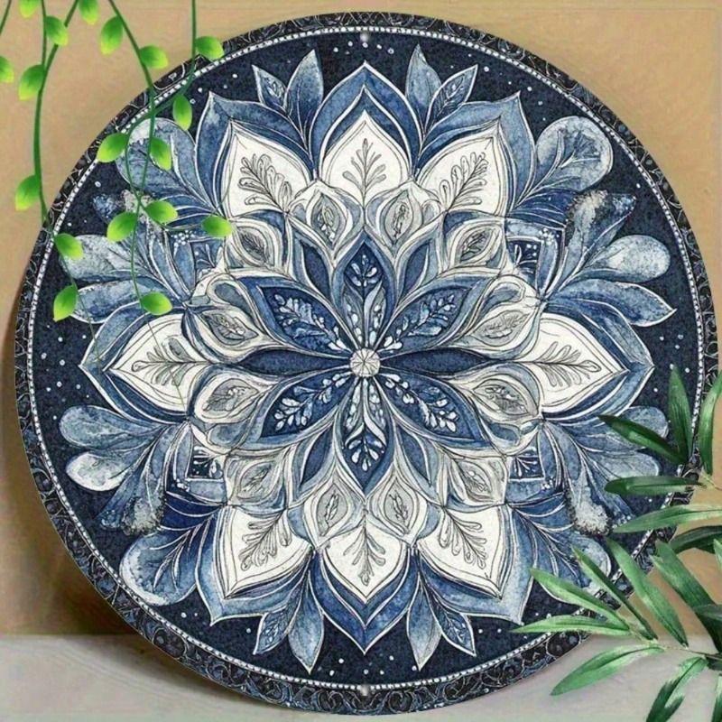 Metal Wall Art Blue White Mandala Round 20cm Living Room Decor