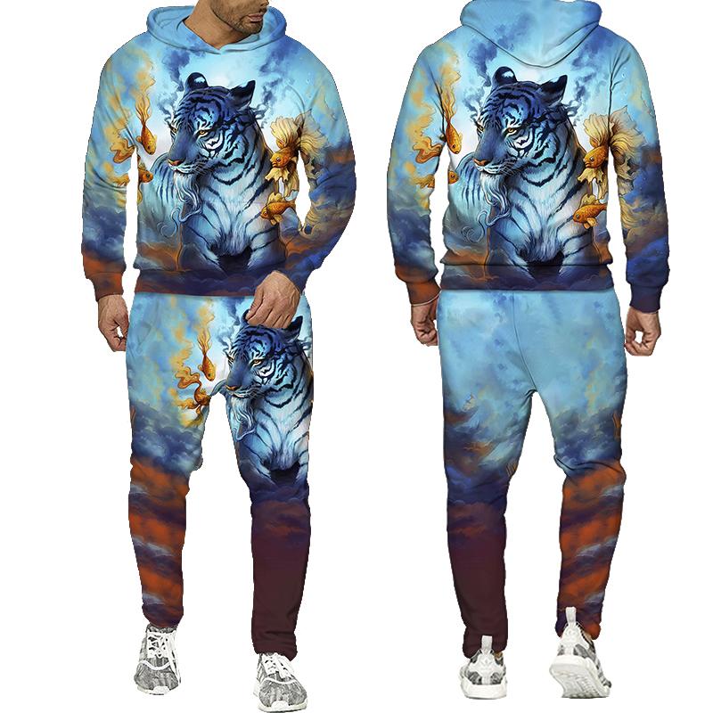 Мужской свитшот с 3D принтом «Тигр», комплект с капюшоном, спортивный костюм «Лев», пуловер, брюки, спортивная одежда, осенне-зимний мужской костюм
