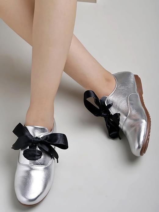 Shoetopia Women Dress Shoes Stylish Metallic Flats with Black Bow Detail, Perfect for Formal & Casual Occasions