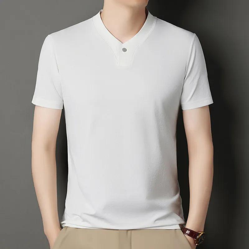 Men s Casual and Fashionable One Button V Neck Solid Color Short Sleeved T Shirt Summer Versatile XS 1690₽