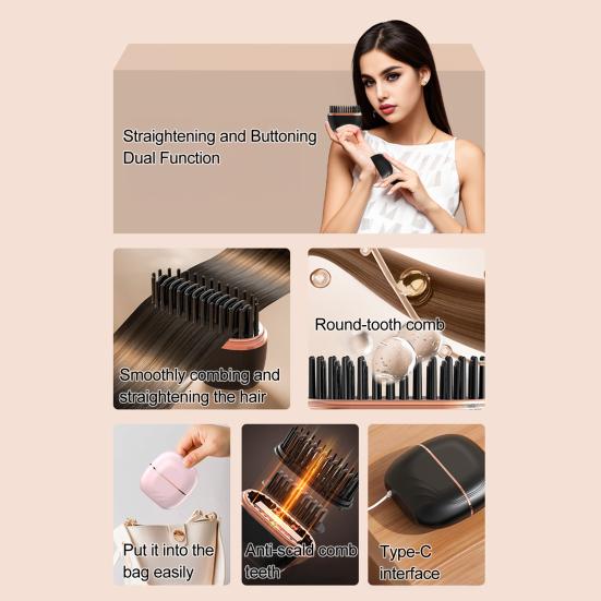 Mini kartáč na žehlení vlasů 3 nastavitelné teplotní režimy Dobíjecí Přenosný Cestovní Lehký Rychlé nahřívání Horký hřeben Elektrický kartáč na úpravu vlasů