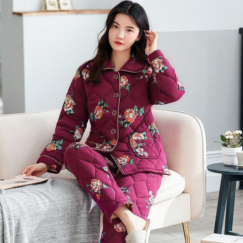 100% Reine Baumwolle Pyjama Damen Winter Dreilagig Verdickt Mittelalterliche Mutter Wattierte Jacke Warmes Loungewear-Set