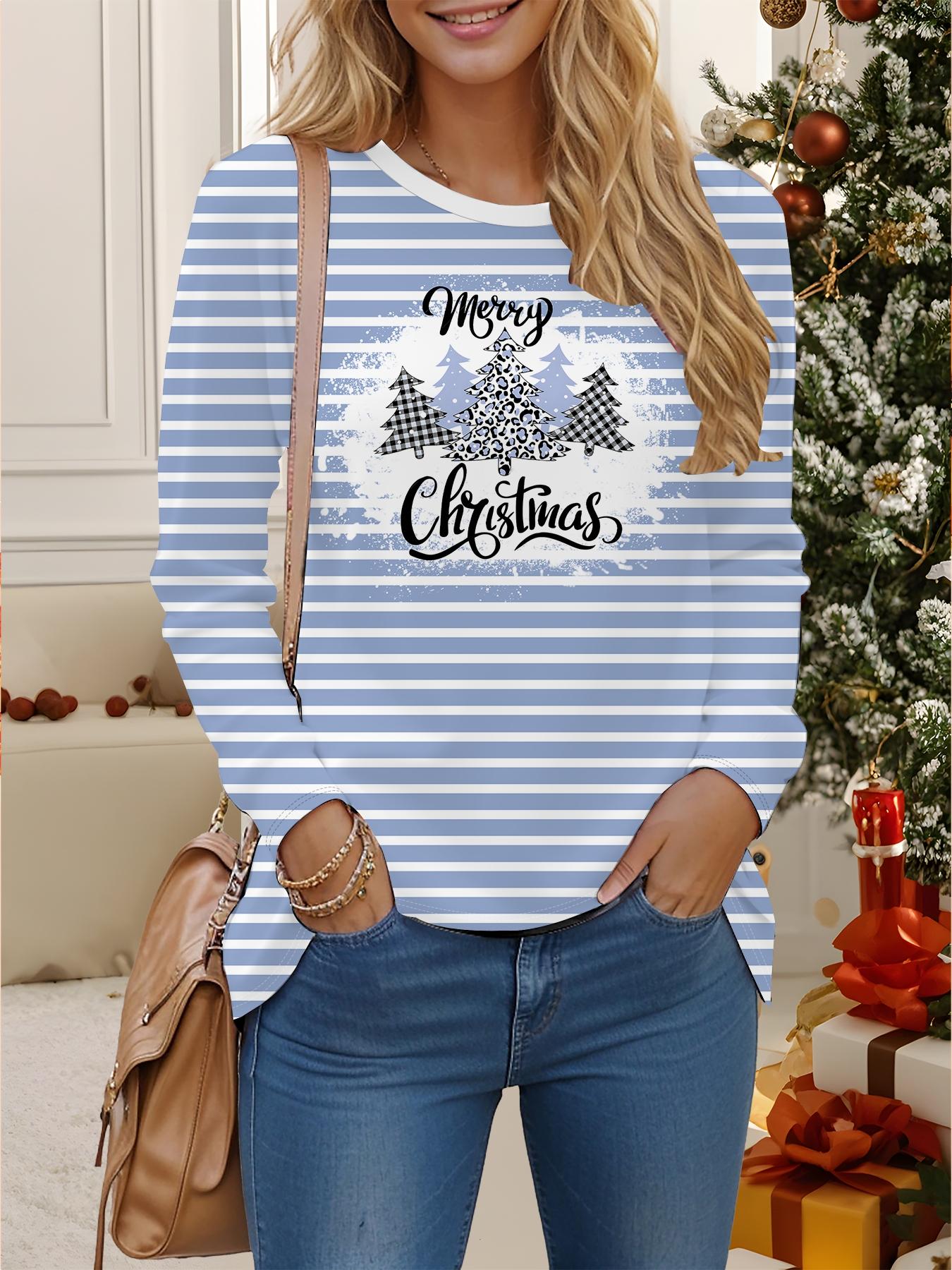 

Tops for Women 3D Christmas Print Round Neck Long Sleeve T-shirt Fall Casual Slim Pullover Women s Long Sleeve Top XXL синий
