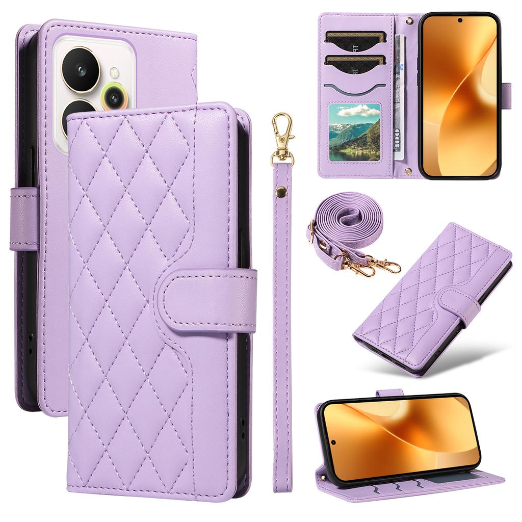 Etui Portfelowe ze Skóry Rhombus z Paskiem na Telefon dla Realme 15 Pro 5G/Realme 15 5G