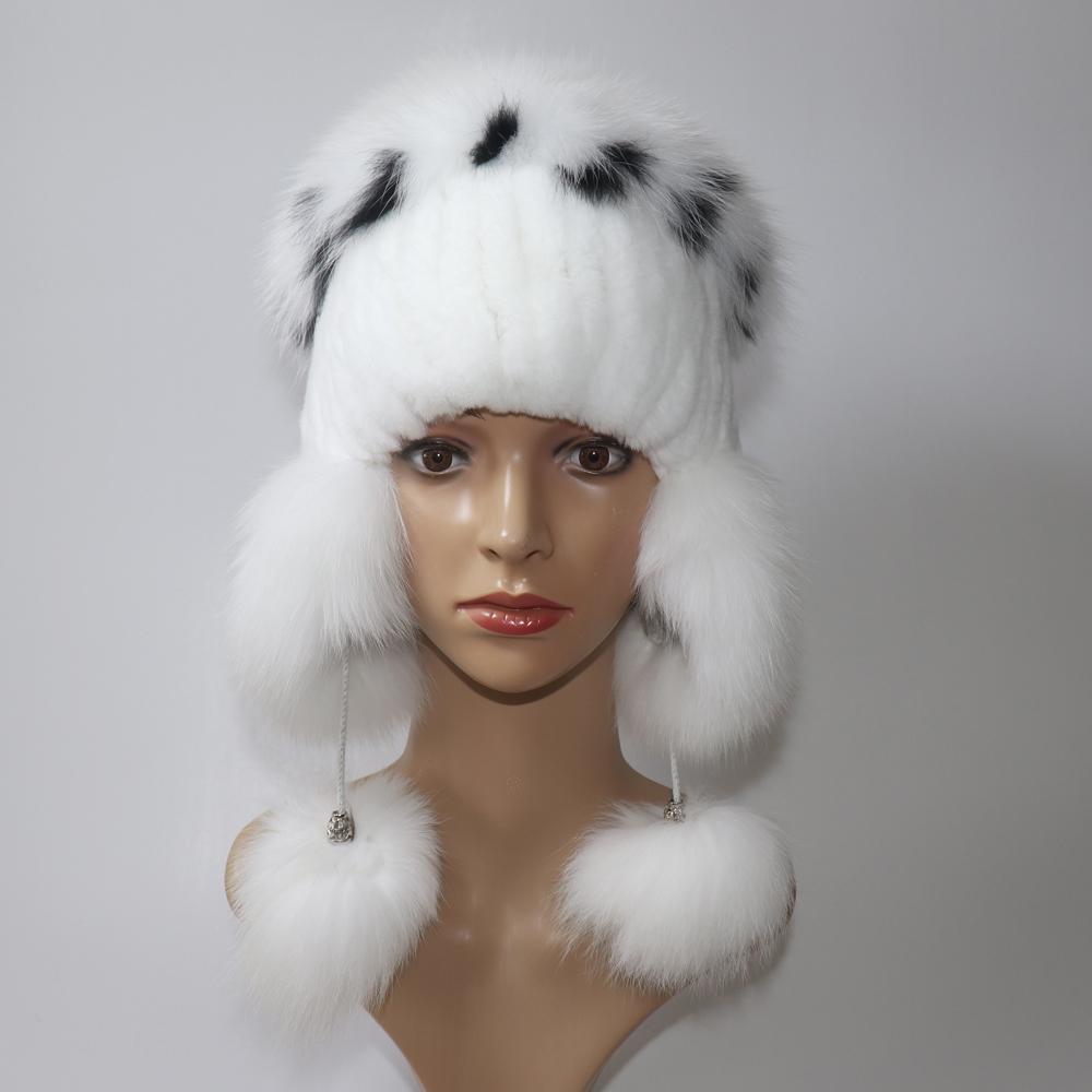 Elastické Pletené Čepice z Králičí Rex Fur Handmade Čepice z Pravé Kožešiny s Liščími Ušima Pravá Kožešina Sněžná Čepice Kukly pro Ženy Designérská