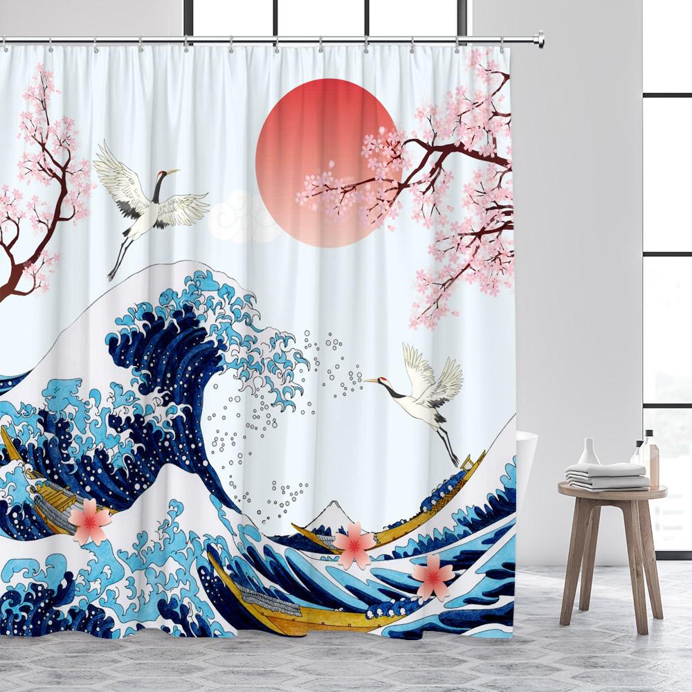 Japanese Style Shower Curtain Sea Wave Cherry Blossom Floral Ink Bamboo Mountain Scenery Bathroom Curtains Polyester Home Decor