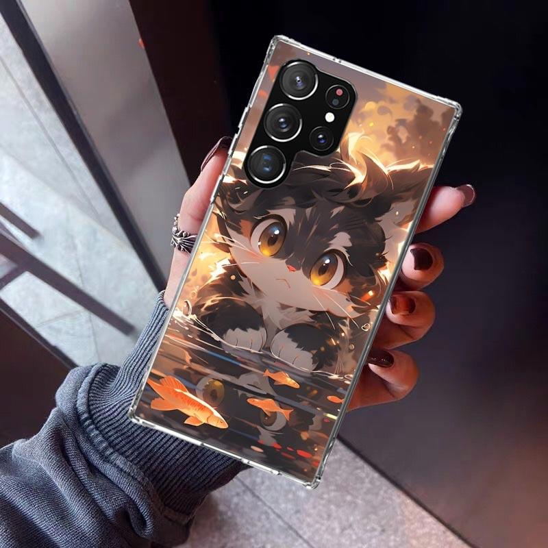 Cartoon Cute Cat Fish Aesthetic Phone Case For Samsung Galaxy S26 S25 Edge S24 S23 Ultra S22 Plus S21 S20 FE Soft TPU Back Cover